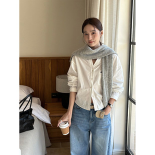 THXGIVING日常不刻板质感匹马棉长袖V领显瘦小刺绣衬衫女2026春款