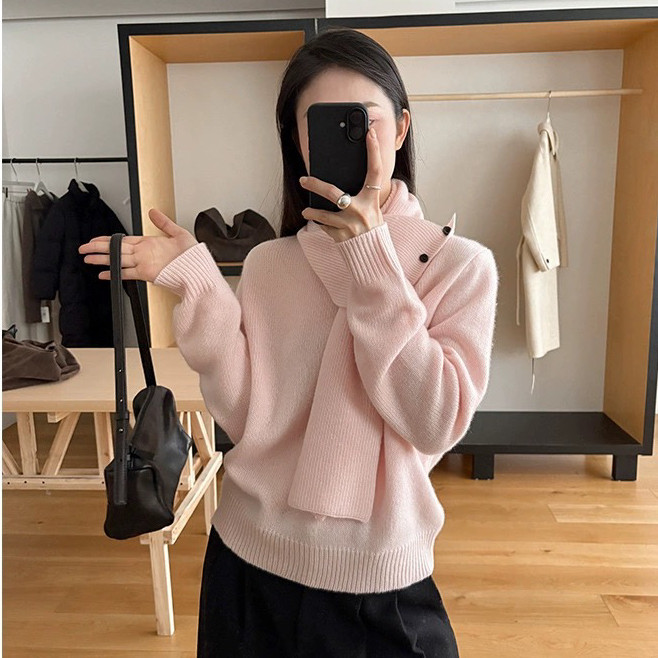 THXGIVING不费力穿搭 全羊毛系扣围巾保暖针织毛衣女2025冬季新款