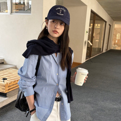 THXGIVING 春日清新松弛感格纹宽松显瘦棉感衬衫女2026新款上衣