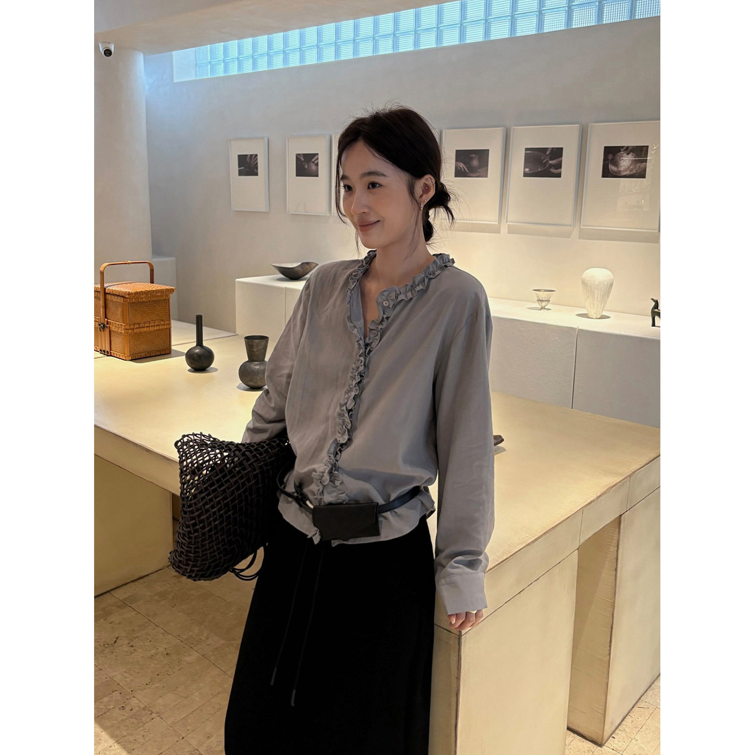 THXGIVING轻复古浪漫 法式温柔天丝混纺透气木耳边小衫女2026春款