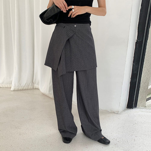 THXGIVING 气质可拆卸屁帘叠搭条纹显瘦直筒西装裤2025秋季新款