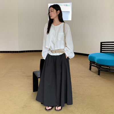 THXGIVING半松紧腰休闲简约半身裙女2025早秋新款百搭阔形A字长裙