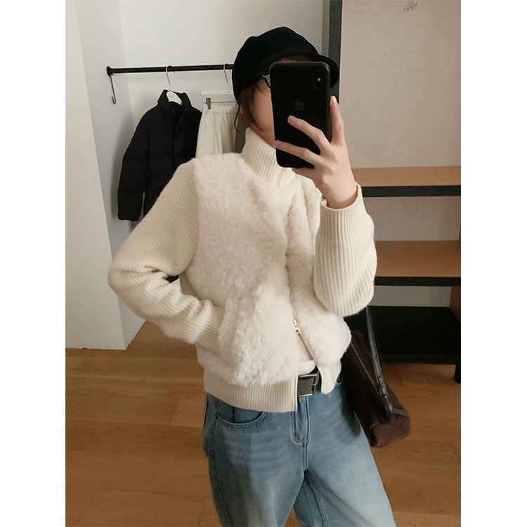THXGIVING文艺简约圈圈毛绒拼接针织羊毛衫女2025冬季新拉链外套