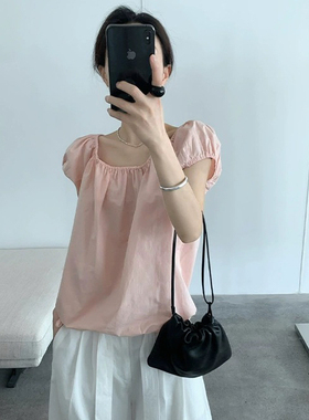 THXGIVING百搭泡泡袖纯色衬衫女2025夏季新款松紧一字肩ins风上衣