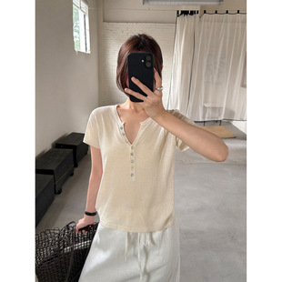 THXGIVING慵懒周末天然透气针织T恤女2026夏款多扣半开襟短袖上衣