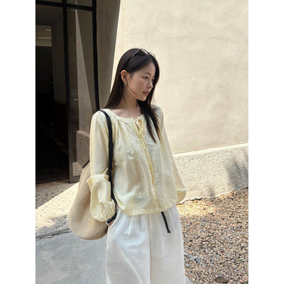 THXGIVING闲意漫衫 韩系气质宽松系带圆领泡泡袖小衫2026春上衣女
