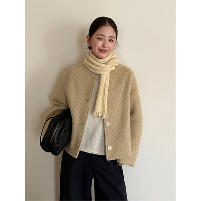 THXGIVING 文艺简约百搭显瘦圆领单排扣廓形毛呢外套女2025冬新款