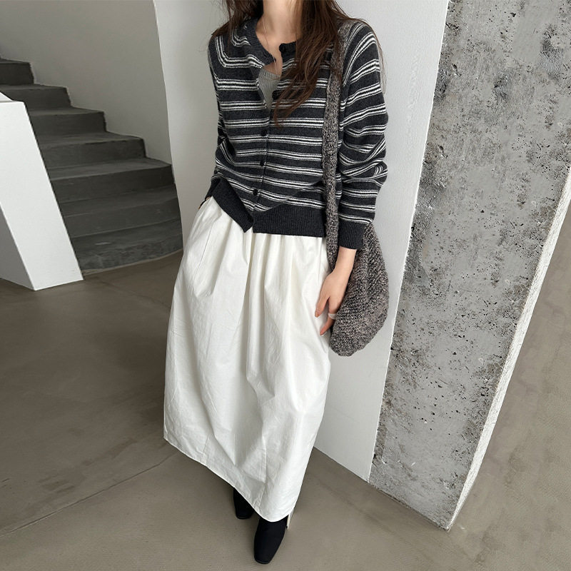 THXGIVING 条纹曲调韩系百搭插肩长袖系扣针织毛衣女2025秋季新款