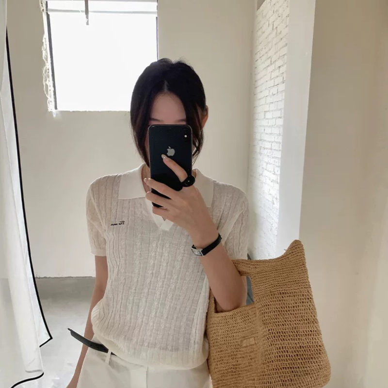THXGIVING经典麻花系列 英文刺绣短袖显瘦针织POLO衫女2026夏新款