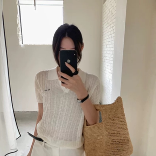 THXGIVING经典麻花系列 英文刺绣短袖显瘦针织POLO衫女2026夏新款