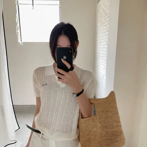THXGIVING经典麻花系列 英文刺绣短袖显瘦针织POLO衫女2026夏新款