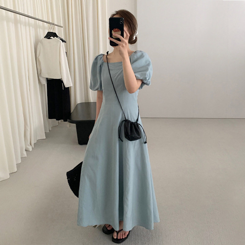 THXGIVING韩范气质泡泡袖连衣裙女2025夏季新款一字肩大摆A字长裙