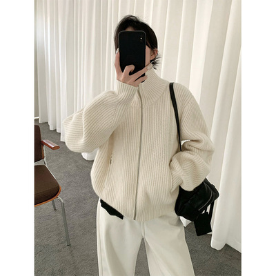 THXGIVING 加厚保暖针织羊毛衫女2025冬新款简约休闲拉链毛衣外套