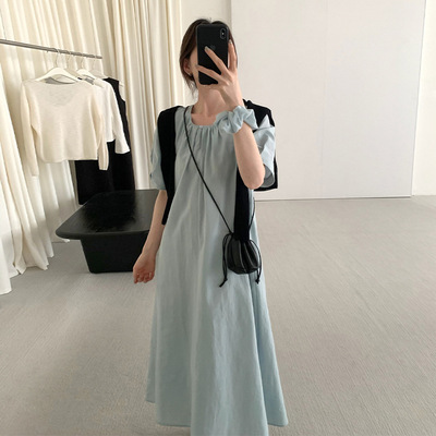 THXGIVING 韩版圆领泡泡短袖宽松连衣裙女2025夏季压褶百搭长裙