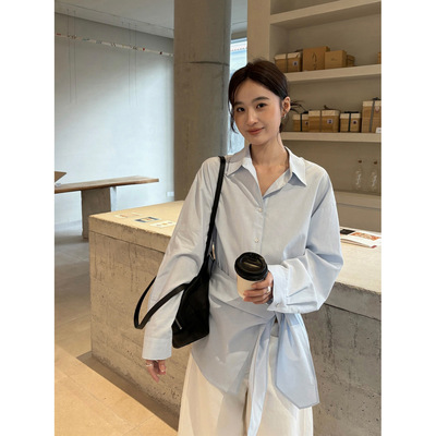 THXGIVING通勤干练风 绑带收腰显瘦翻领纯色衬衫2026春日新款上衣