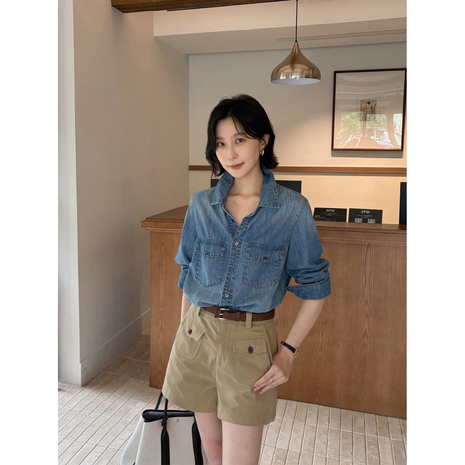 THXGIVING 90s复古基调水洗蓝牛仔衬衫2026秋口袋宽松百搭上衣女