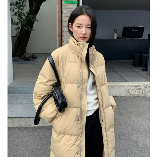 THXGIVING 冬日保暖加长款羽绒服外套女2025抽绳立领鸭绒厚大衣