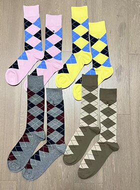 nacostyle出口外贸美式菱格拼色中筒袜男士复古英伦风棉混纺袜子1