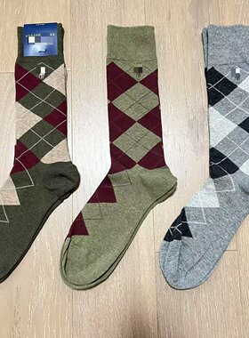 nacostyle出口外贸美式菱格拼色中筒袜男士复古英伦风棉混纺袜子