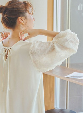 春秋~nacostyle出口日本原D复古风透明提花袖接拼及踝长裙连衣裙