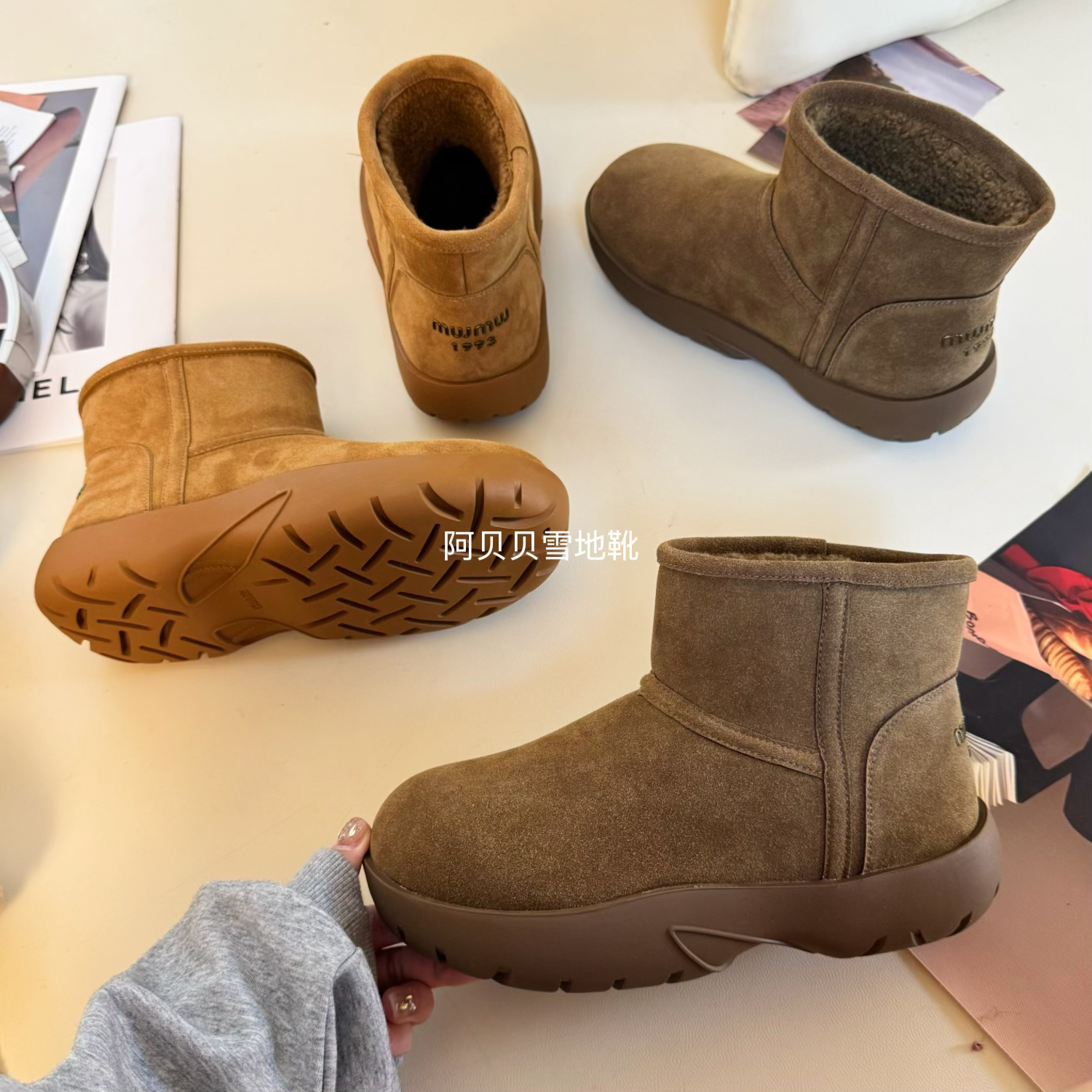 【阿贝贝】牛皮厚底缪系短筒雪地靴女圆头保暖棉靴加厚防滑百搭