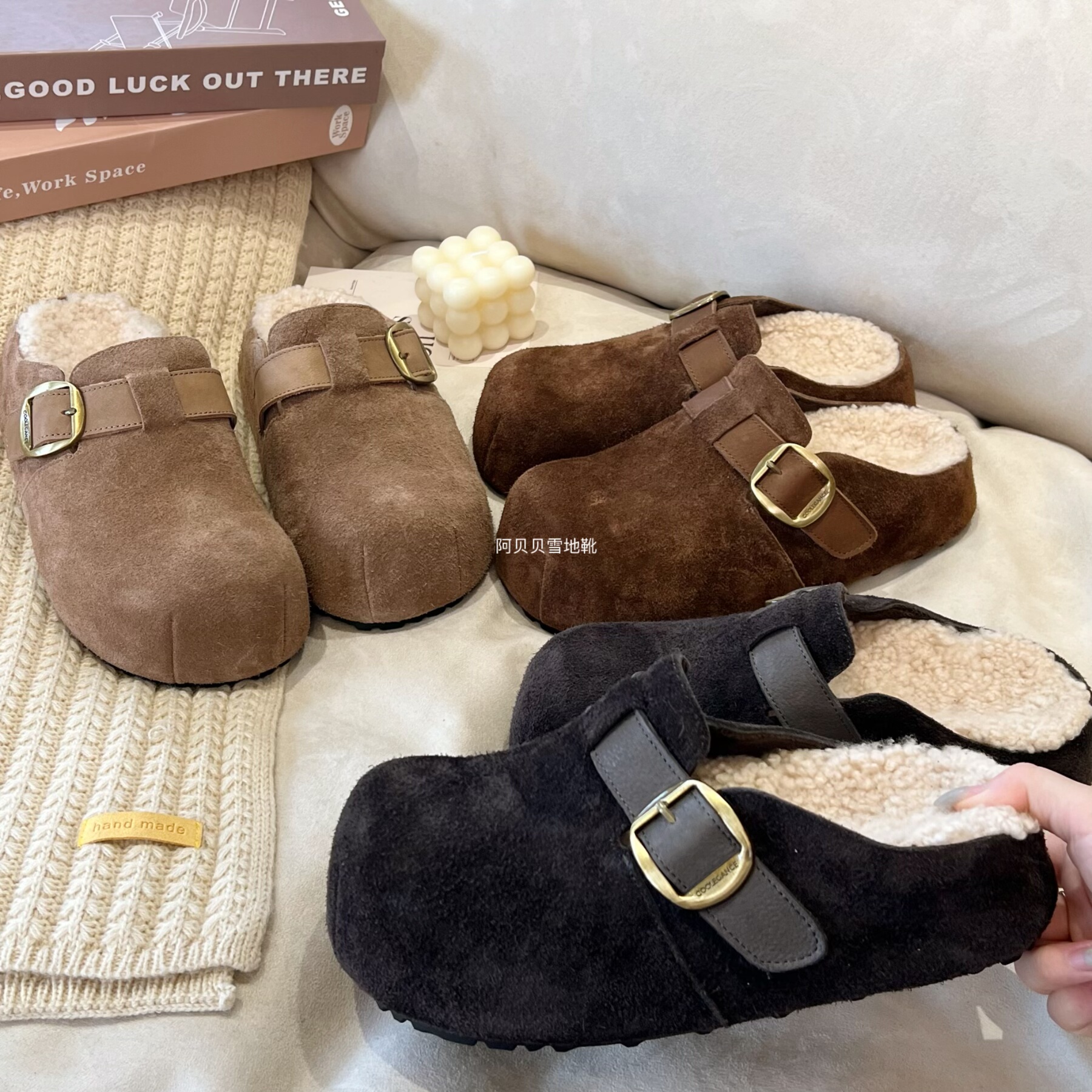 「BYBY」复古百搭牛皮半拖2025一脚蹬懒人勃肯鞋厚底加绒包头拖鞋