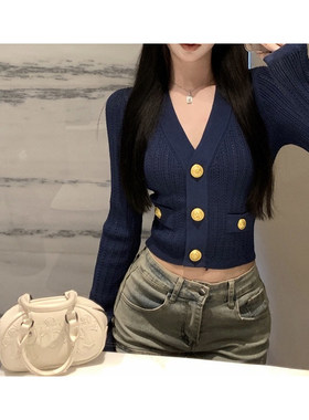 2025新款巴尔曼长袖v领镂空针织衫女轻熟法式气质修身短款上衣