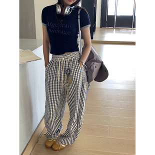 琪宝黄峥韩版 夏日松驰裤 子女宽松百搭气质简约橡筋高腰格子长裤