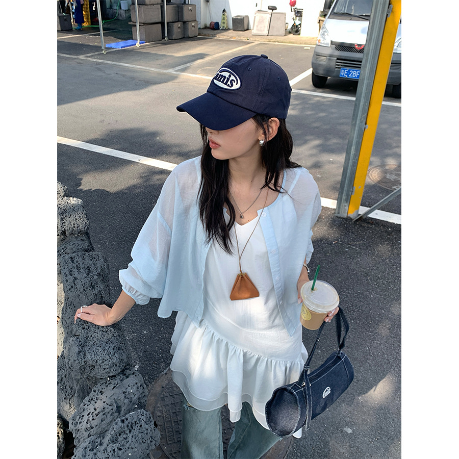 琪宝黄峥 韩系圆领长袖防晒衬衫女宽松纯色单排扣休闲显瘦上衣