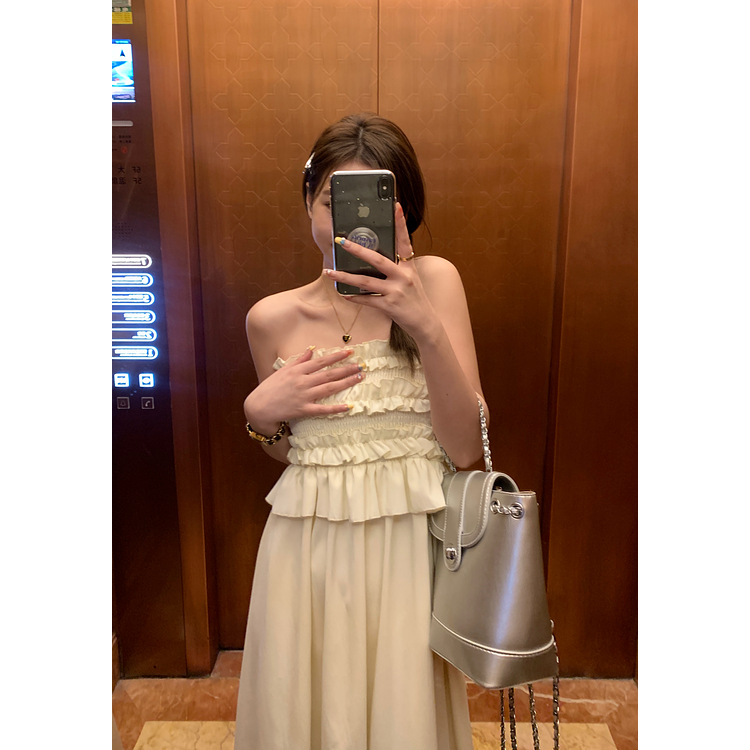 琪宝黄峥松紧花边抹胸连衣裙女2025夏韩版纯色小众裙子132LD6904