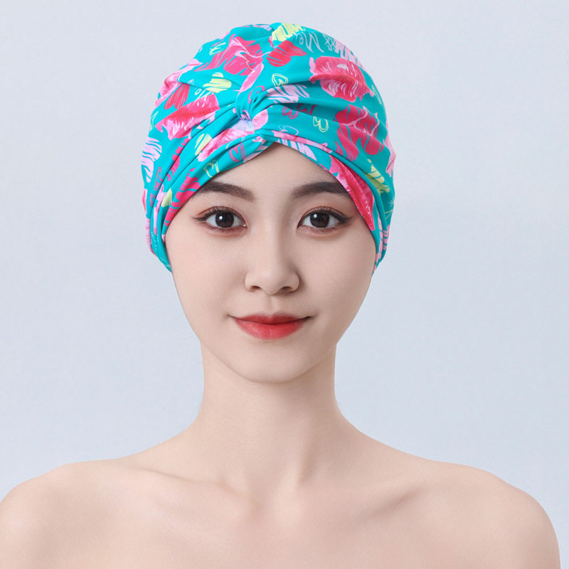 夏季女士印花泳帽不勒头高弹力褶皱游泳帽成人运动帽子速干包头巾