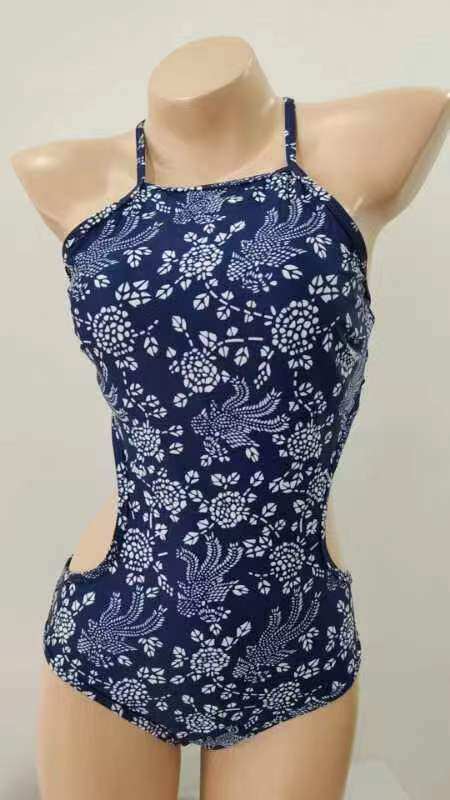 连体泳衣女运动竞速速干钻石大花保守露背性感无袖三角带胸垫泳装