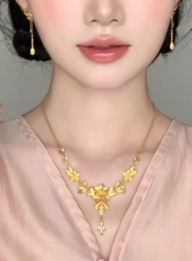 24k镀金花月佳期三生花流苏项链