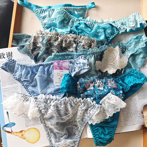 日单蕾丝刺绣女士丁字裤T裤内裤性感花边舒适底裤蓝色系