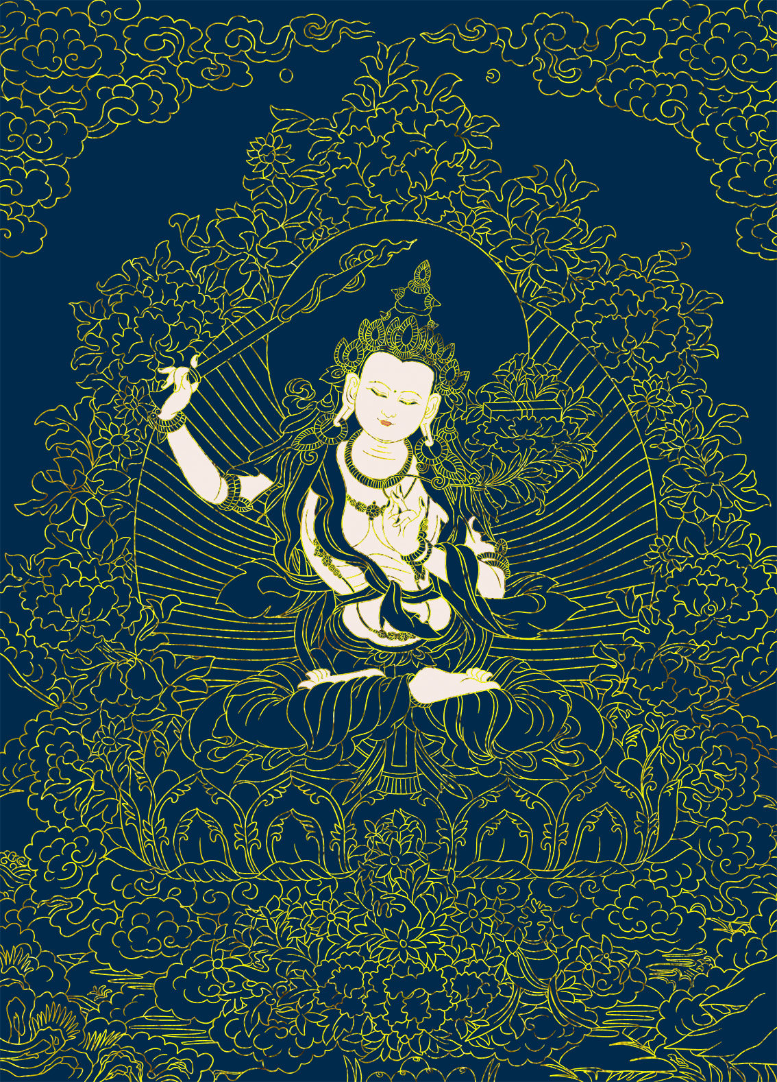 文殊菩萨佛像涂色唐卡佛像描金唐卡手绘diy自己画唐卡线稿装饰画