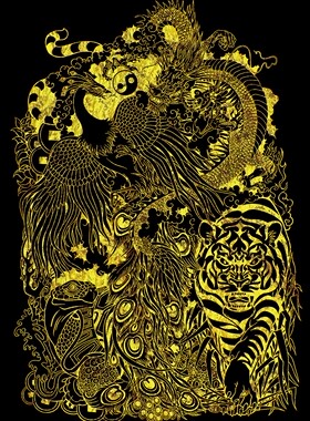 现代抽象描金挂画九龙四大神兽龙凤线稿 丙烯涂色diy手绘礼物油画
