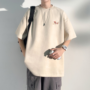 棕色麂皮绒重磅美式小领口t恤男短袖宽松慵懒风复古潮牌七分袖夏图片