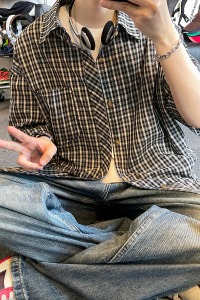 复古格子短袖衬衫男宽松高级感学院风情侣衬衣DC2228-特价P29图片