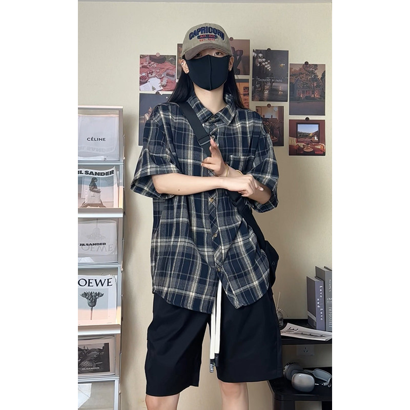 韩版潮流复古格子大码翻领短袖衬衫内搭外套DC2223-P26【特价】,男装衬衫,电商A007