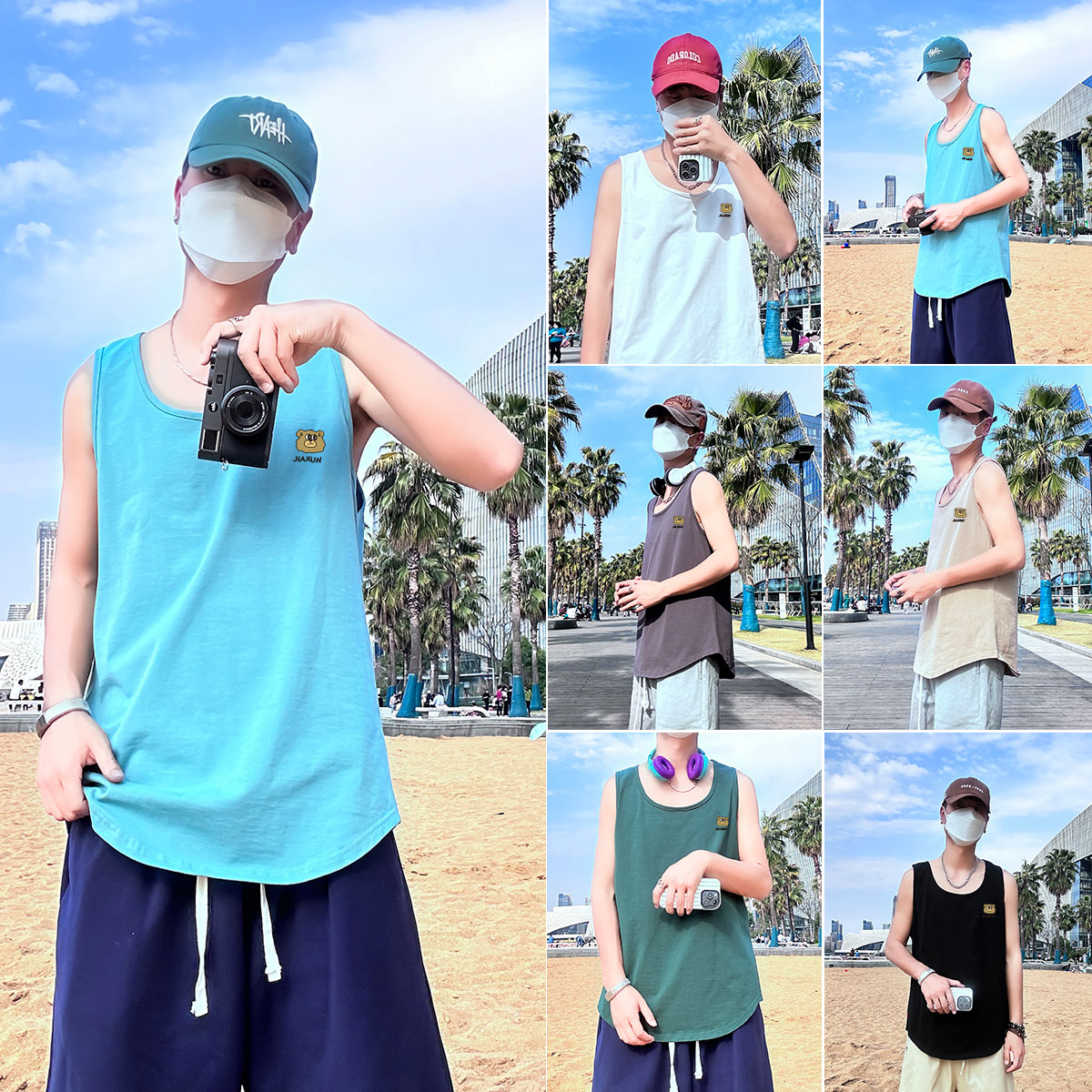 运动风大码卡通熊印花背心舒适休闲夏季潮款号B3905-P20，男装背心/马甲，电商A007