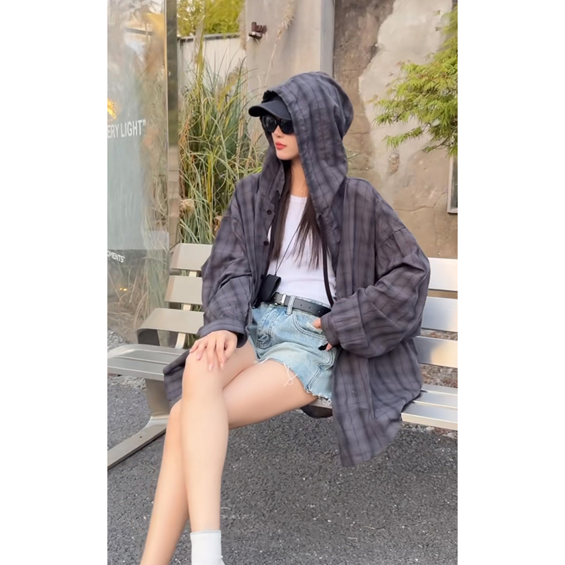 连帽格子长袖衬衫男女宽松衬衣防晒外套美式复古C2238-特价P35，男装防晒衣，电商A007