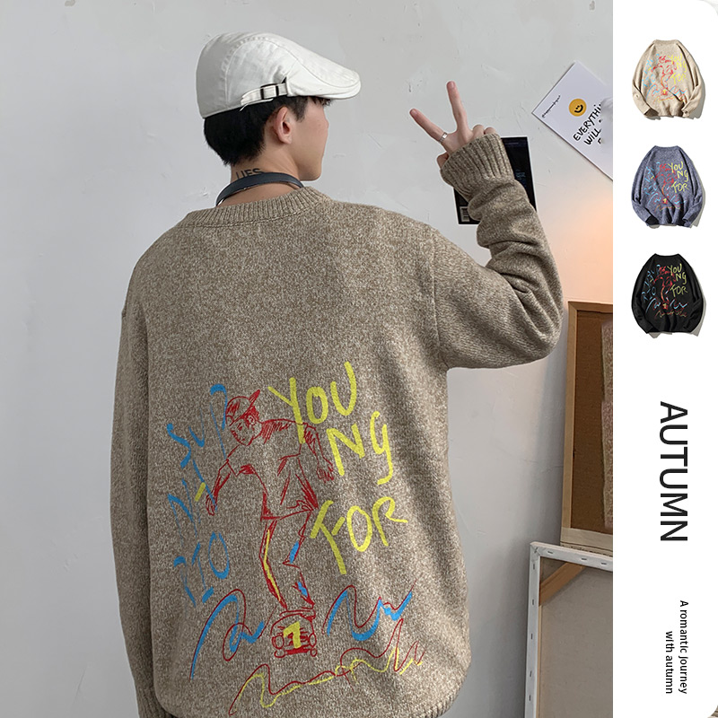 Hong Kong style model autumn winter Pullover crew neck loose printed casual sweater fashion