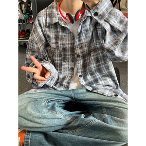 潮流复古扎染格子大码宽松长袖衬衫内搭外套C2204-P42【特价】图片