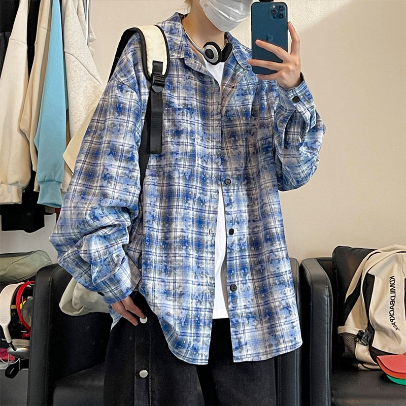 潮流复古扎染格子大码宽松长袖衬衫内搭外套C2204-P42【特价】,男装衬衫,电商A007