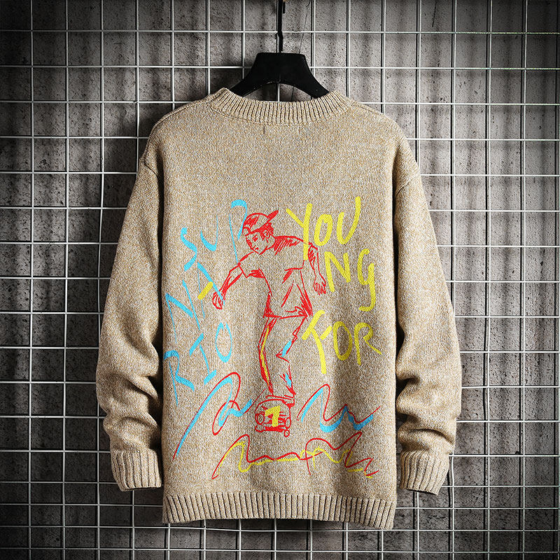 Japanese mesh hanging photo autumn Pullover crew neck casual printed sweater
