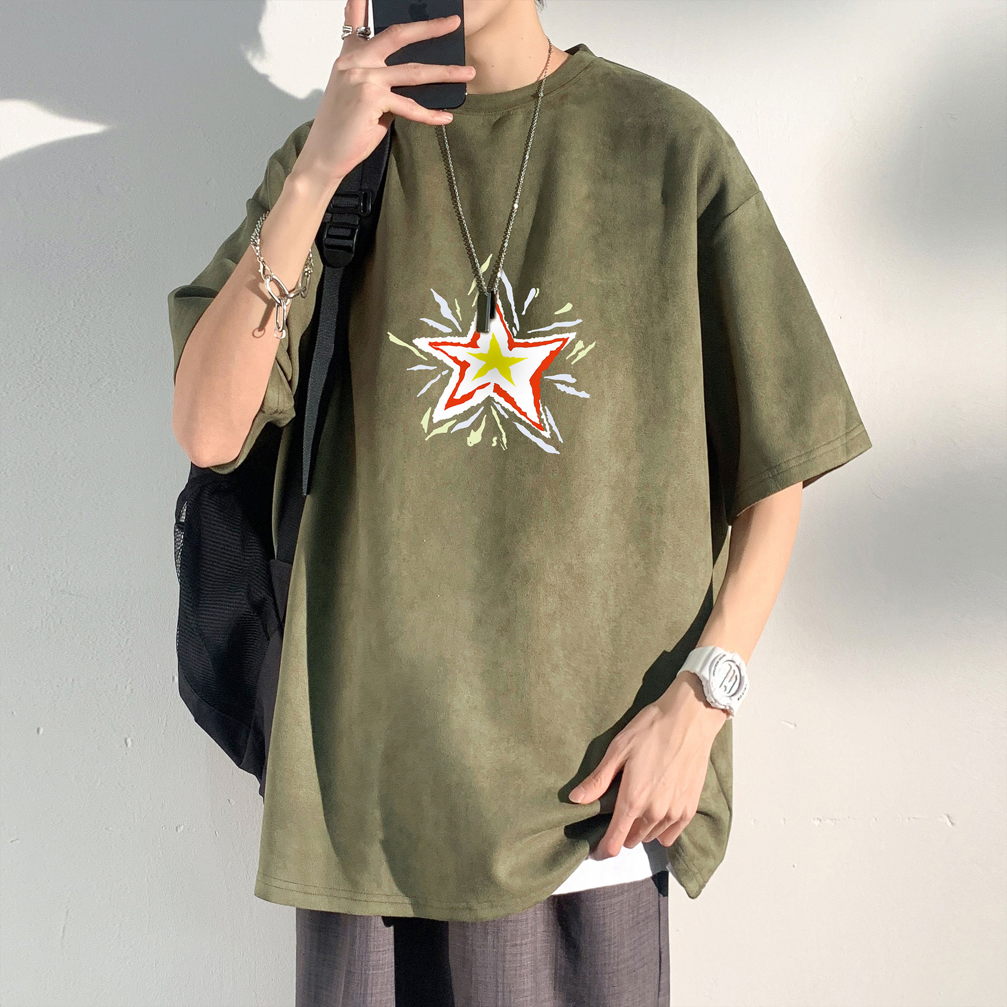 夏季大码休闲潮流美式麂皮绒字母印花短袖T恤T3458-P23【特价】,男装T恤,电商A007