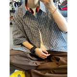 复古格子短袖衬衫男宽松高级感学院风情侣衬衣DC2228-特价P29，男装衬衫，电商A007