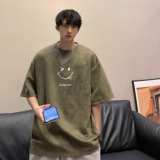 重磅笑脸短袖t恤男款夏季潮牌休闲麂皮绒体恤美式复古情侣半截袖，男装T恤，电商A007