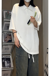 夏季休闲基础流行针织提花压皱垂感翻领短袖T恤T3396-P36【特价】图片