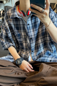 夏季潮流复古格子大码贴标休闲男短袖衬衫C2175-P27【特价】图片
